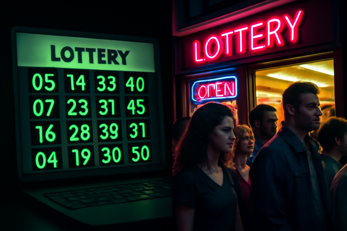 Neon lottery numbers on a glowing screen beside a bustling shop line—chaotic excitement, scarcity anxiety, and the rush of rare console hunting