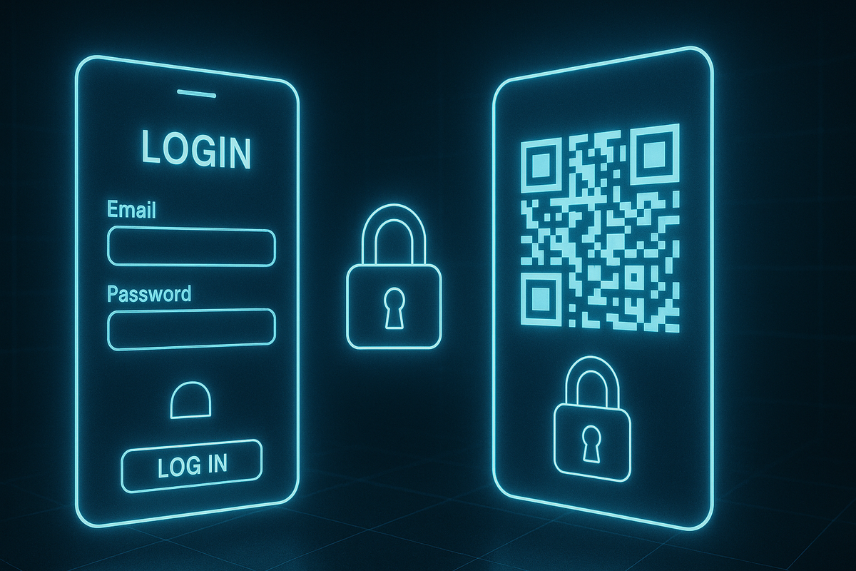 Futuristic login and QR code screens glowing in neon blue with padlock icons—digital security, exclusive preorder access, high-tech trust and anticipation