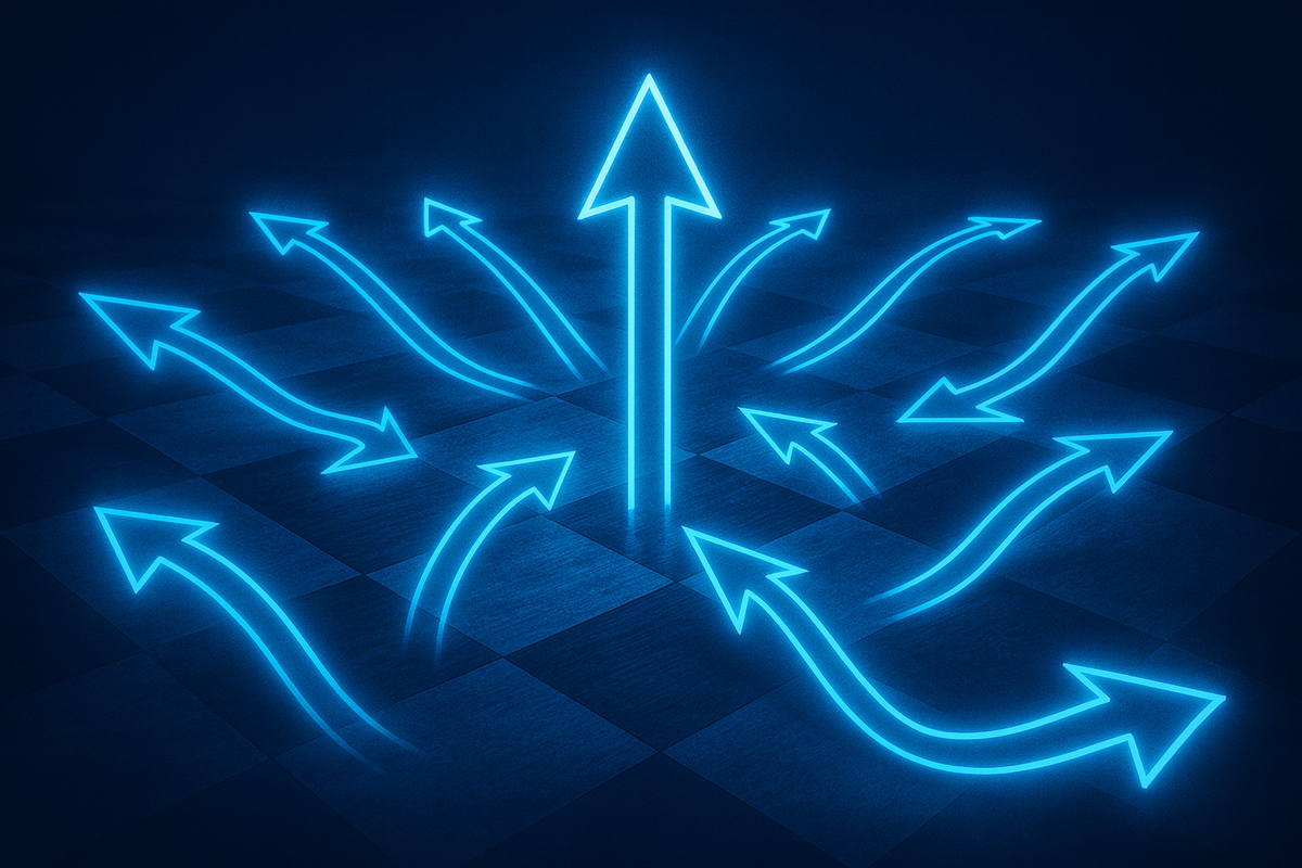 Neon arrows bursting outward and upward from a chessboard—limitless strategy paths, bold decisions, unstoppable winning momentum, glowing gamer ambition