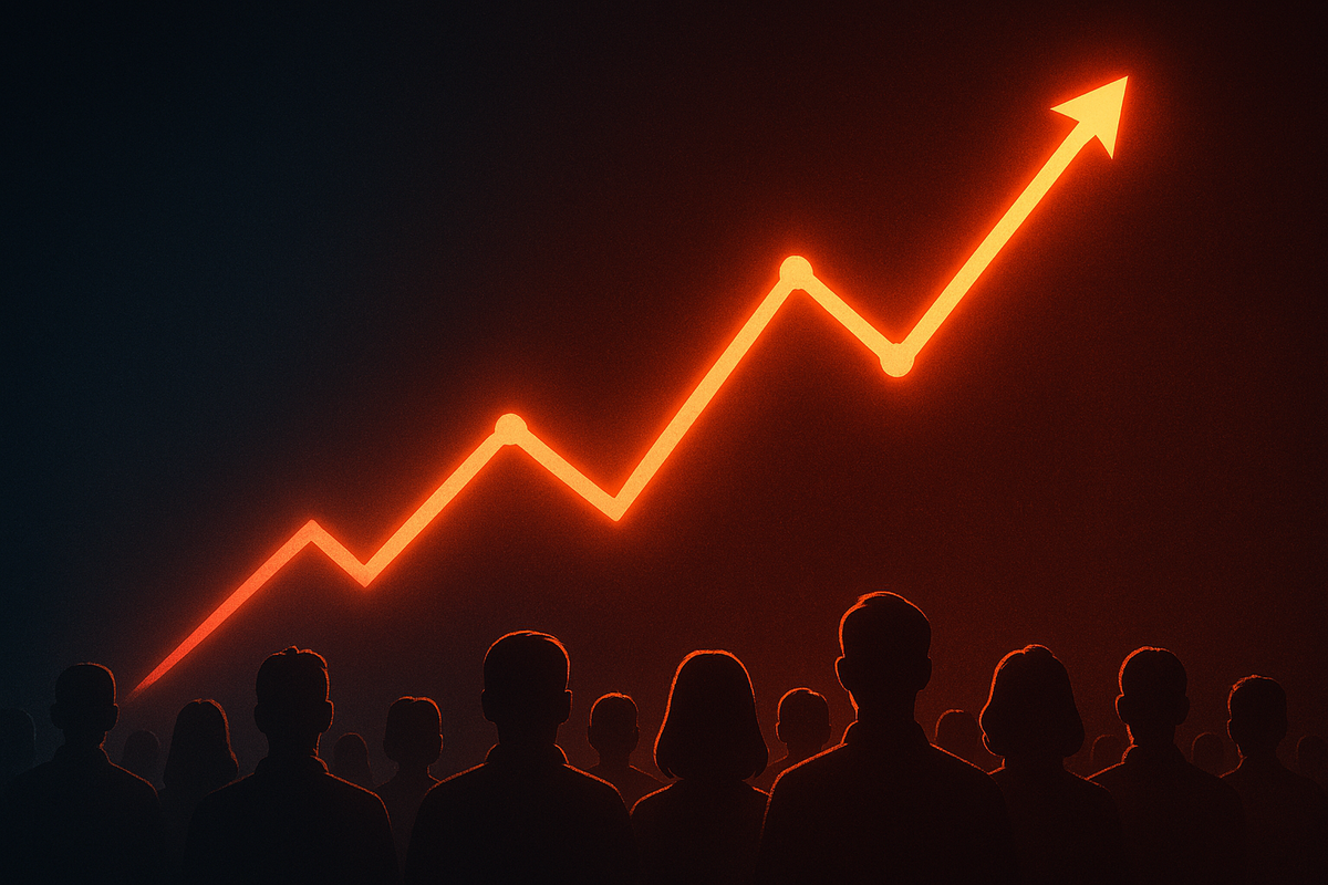 Crowd silhouettes staring at a glowing red upward graph—massive hype wave, market surge anticipation, collective excitement and emotional rush for next-gen gaming