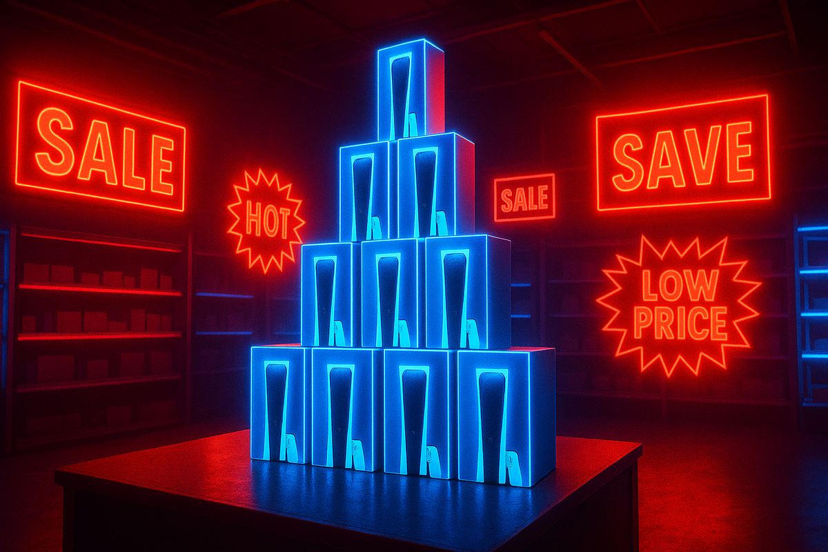 Towering pyramid display of consoles under glowing SALE signs—flashy retail hype, bold discounts, and irresistible gamer temptation
