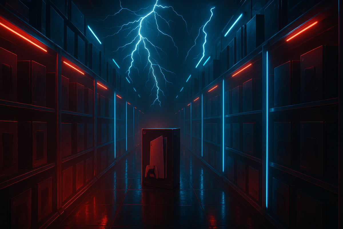 A lone glowing game console box under crackling neon lightning in a dark aisle—intense scarcity vibes, electrifying tension, and must-have collector energy
