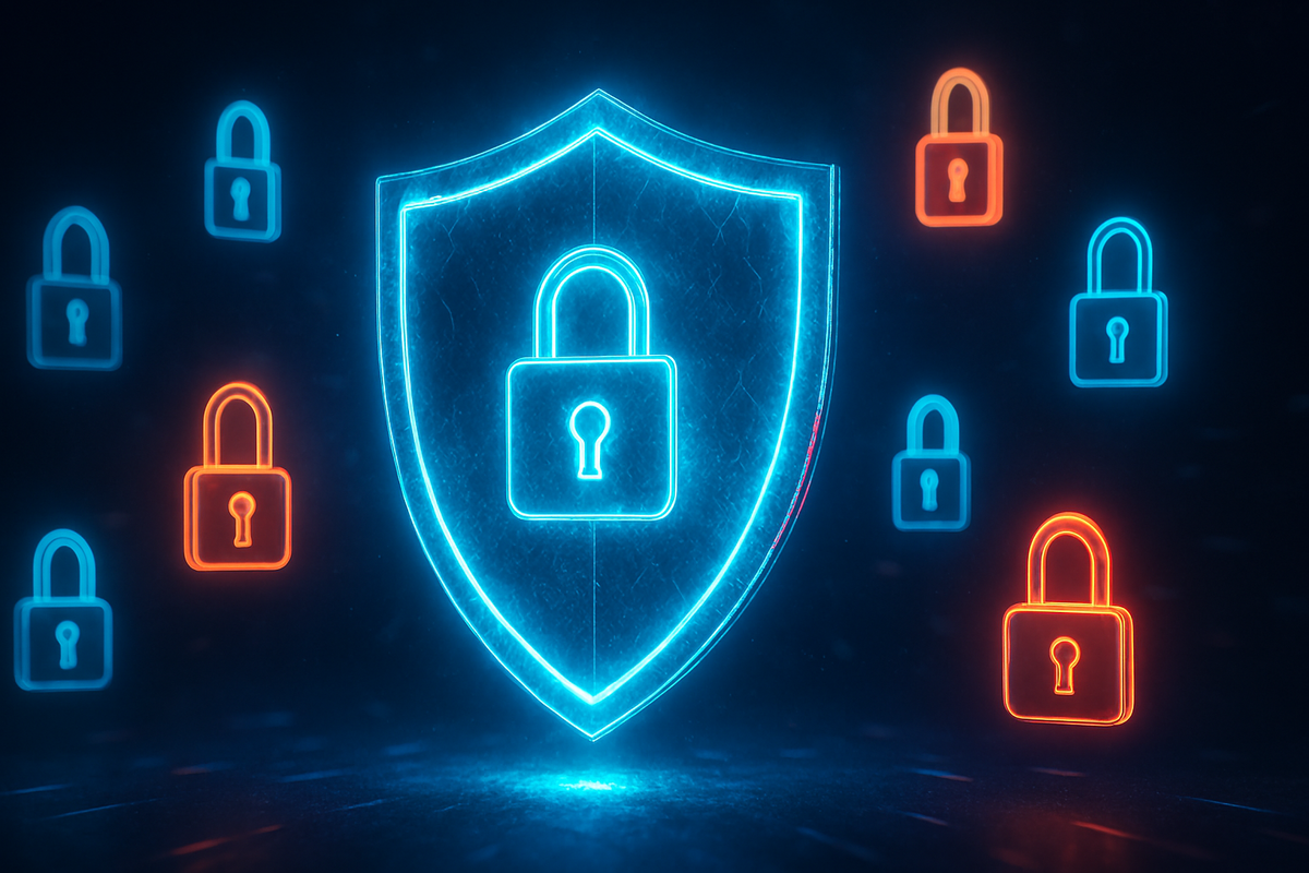 Glowing neon shield with floating padlocks—secure purchase verification, anti-scalper strategy confidence, high-tech trust factor energy