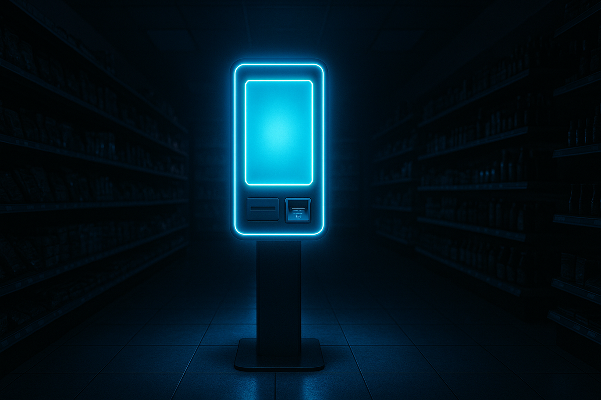 Futuristic blue neon Loppi terminal glowing in a dark convenience store aisle—mystery vibe, secret ticket access, late-night gaming quest energy