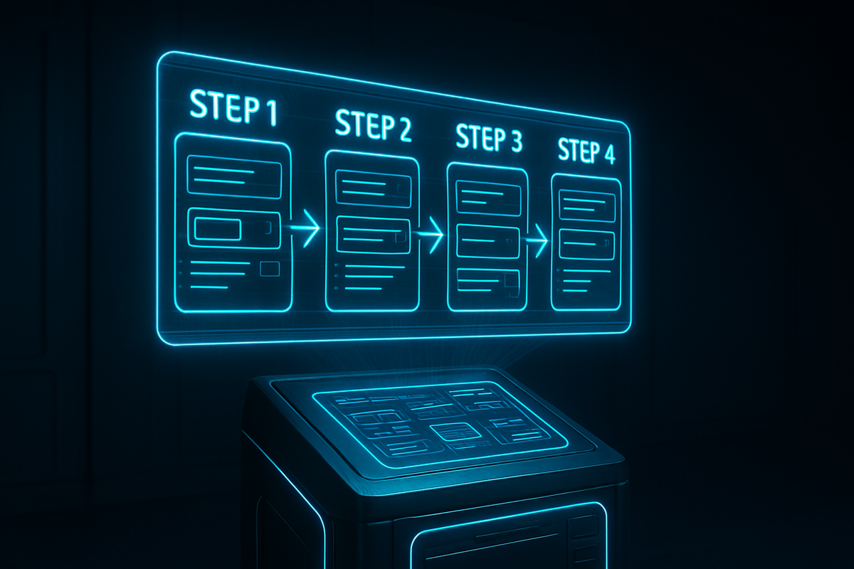 Holographic step-by-step guide glowing in cyber blue light—Loppi reservation flow, tech precision, smooth purchase journey, sleek futuristic design