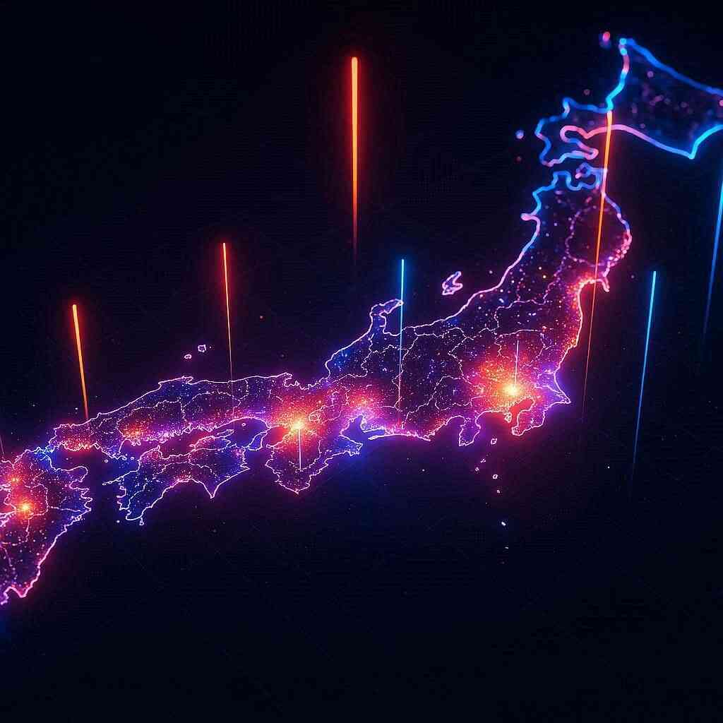 Vibrant neon Japan map glowing with city lights—reservation hotspots, national gaming pulse, high-stakes treasure hunt energy