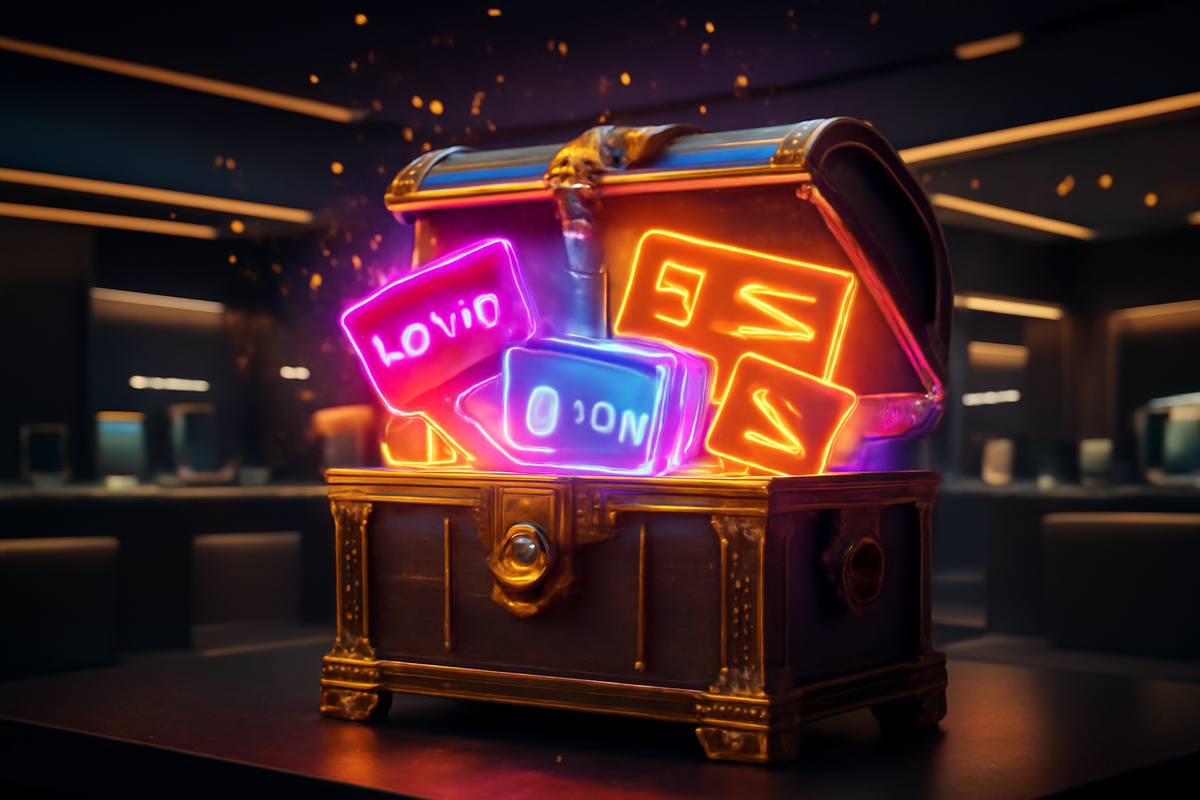 Treasure chest bursting with neon coupons and loyalty perks—hidden rewards, playful shopping magic, glowing excitement of exclusive deals