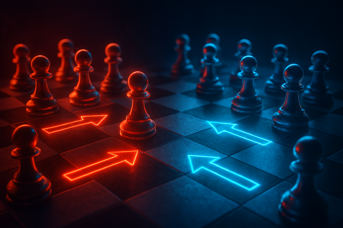 Chessboard with red and blue neon arrows—strategic moves, battle of wits, winning reservation tactics visualized, high-stakes planning energy