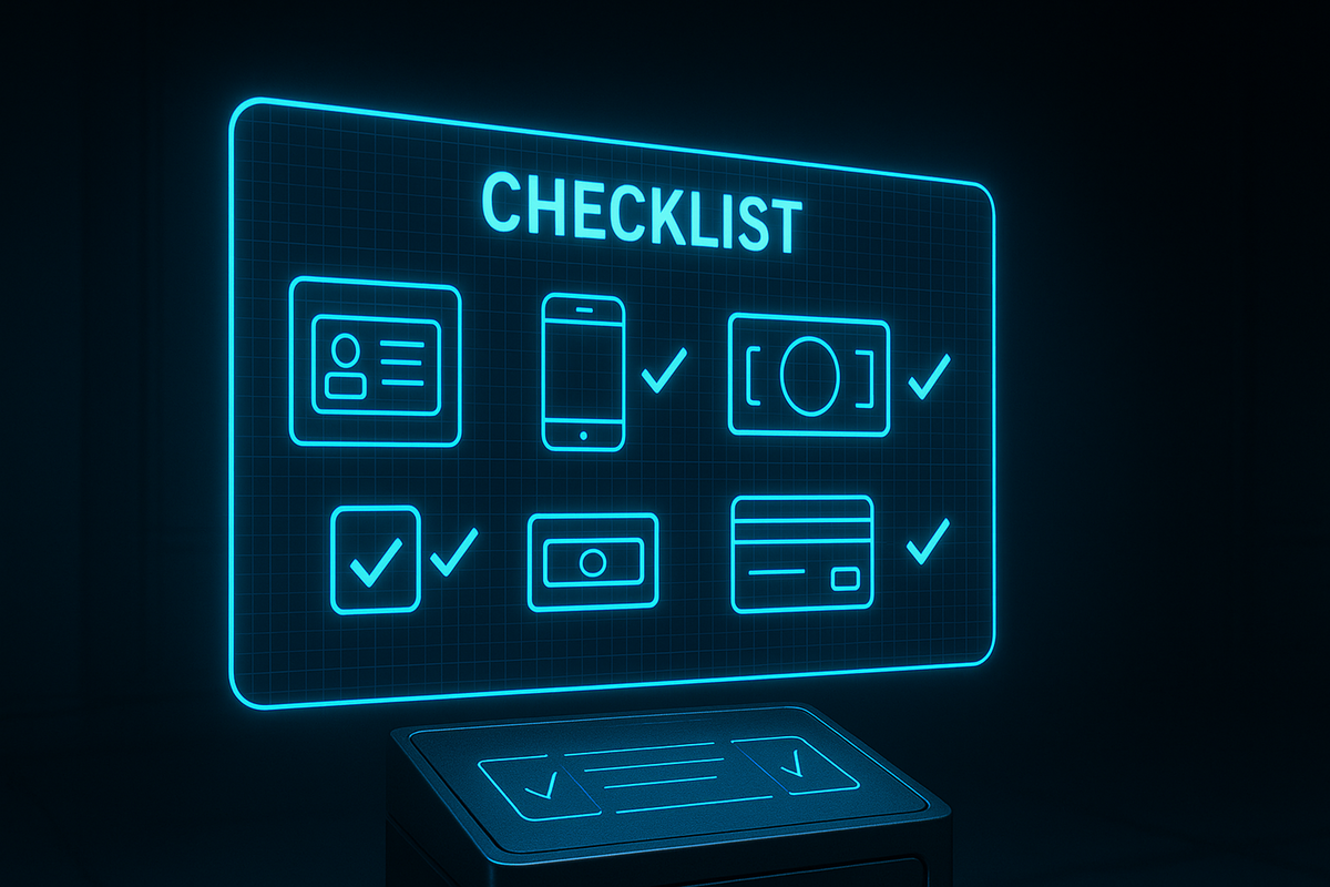 Digital checklist glowing in neon blue—ID card, smartphone, cash, cards, and essentials—calm preparation vibe, readiness assurance, smooth shopping flow