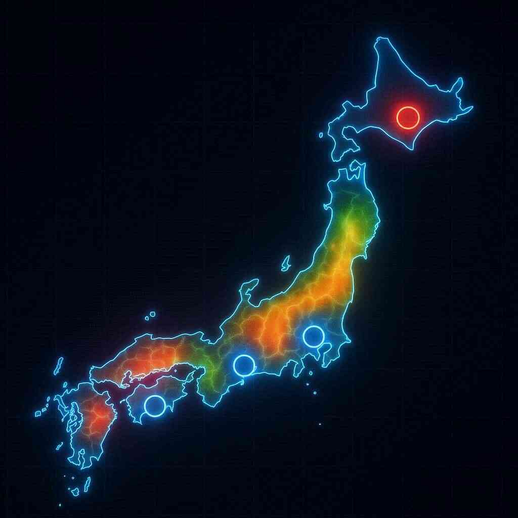 Neon heat map of Japan glowing in blue and red—regional hotspots pulsing—strategic store location insights, competition intensity, travel planning spark