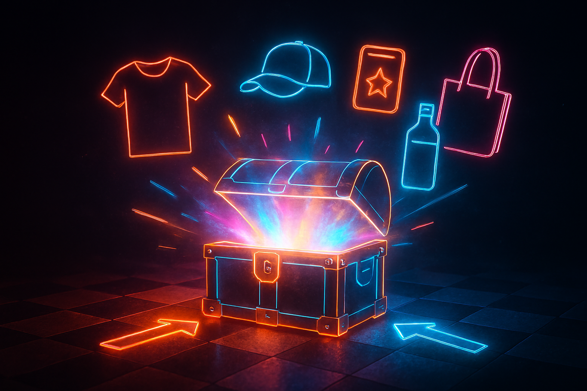 Treasure chest bursting with glowing neon merch icons—caps, tote bags, and special prizes—exclusive store bonus rewards, playful and exciting vibes