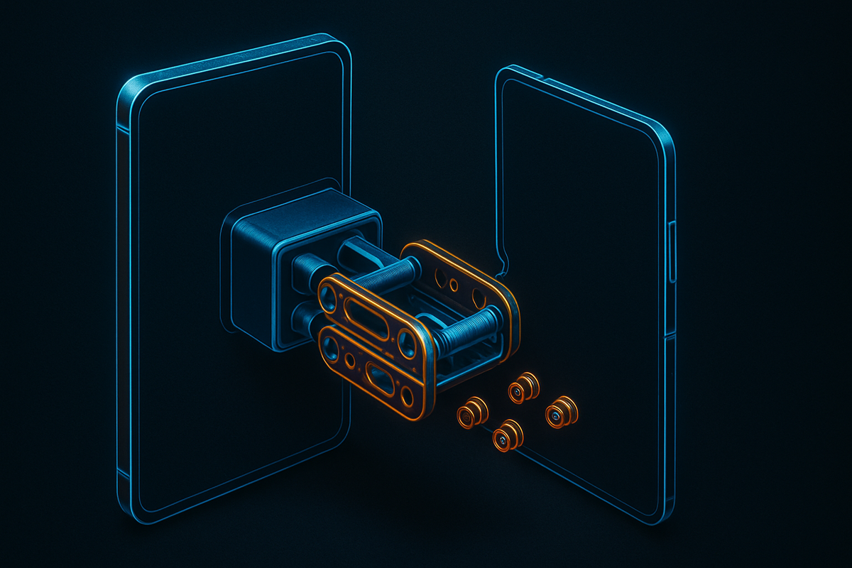 Exploded view of a smartphone’s dual-hinge system with glowing orange screws and parts—precision engineering, tech mastery, futuristic allure