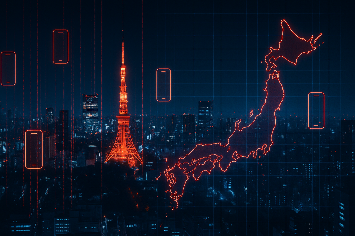 Tokyo skyline lit in red neon with glowing Japan map and smartphone outlines—tense anticipation, tech launch countdown, urban cyberpunk mood