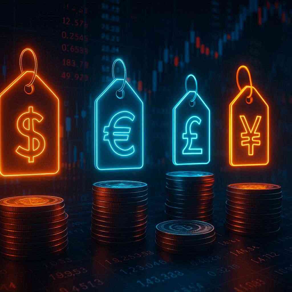 Stacks of glowing coins under neon currency tags in USD, EUR, GBP, and JPY—global pricing tension, premium status, electrifying market energy