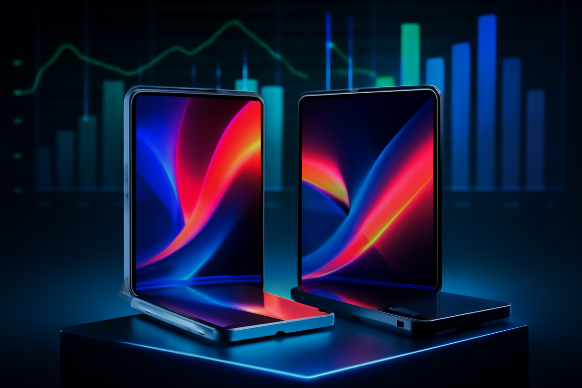 Two futuristic foldable smartphones side-by-side under glowing charts—market dominance, high-end competition, luxury innovation spotlight