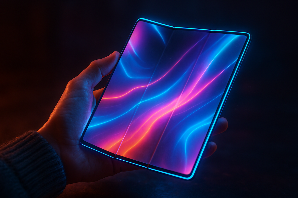 Hand holding vibrant neon tri-fold smartphone glowing with swirling light waves—intense excitement, futuristic power, premium product desire