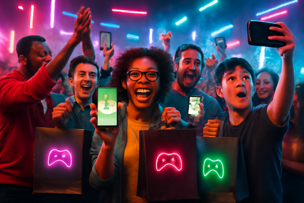 Overjoyed gamers in neon-lit chaos—victory selfies, glowing shopping bags, pure euphoria of a surprise gaming drop