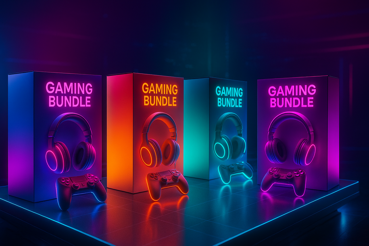 Vibrant gaming bundle lineup—headsets and controllers glowing in rainbow neon, irresistible collector’s edition hype