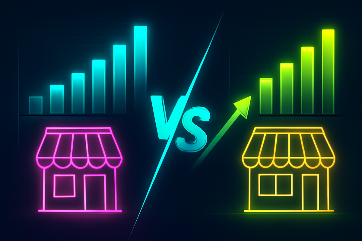 Retail showdown graph—two stores in neon colors, skyrocketing bar charts, intense competition and price war energy