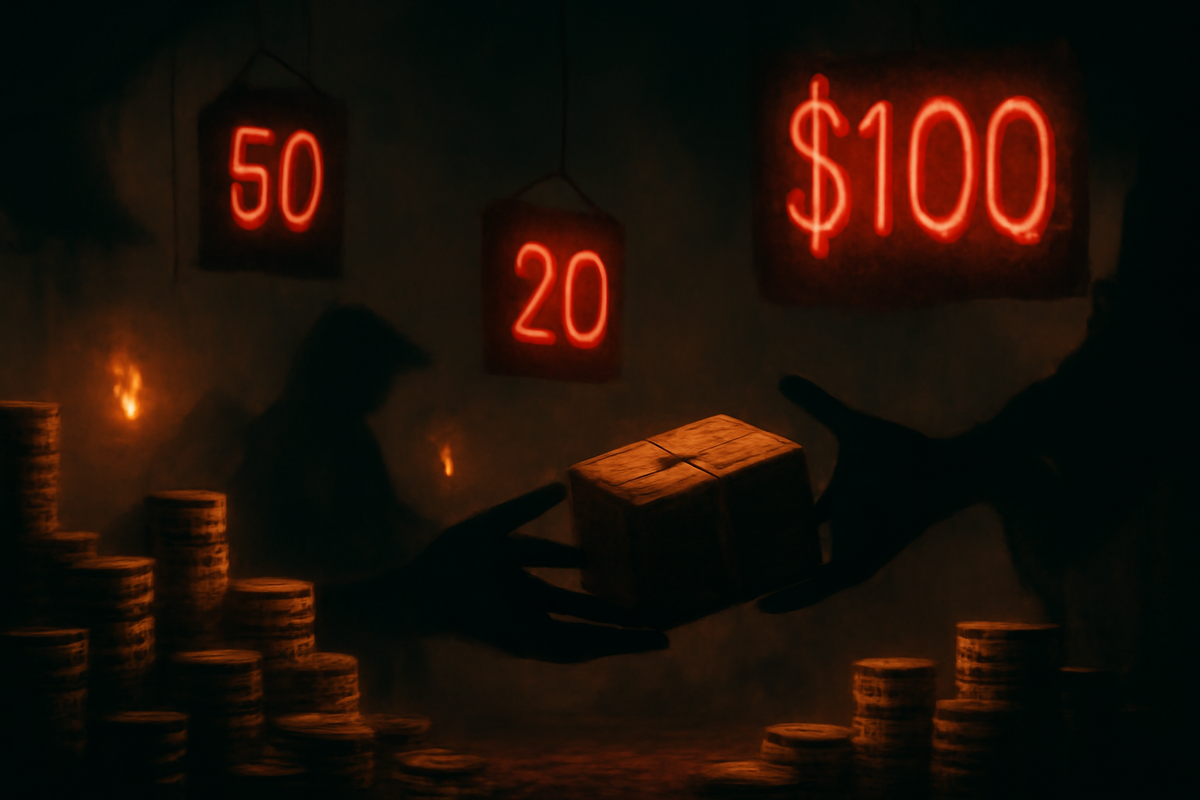 Shadowy resale market—mystery hands exchanging packages, glowing red price tags, ominous underground vibe of scalping