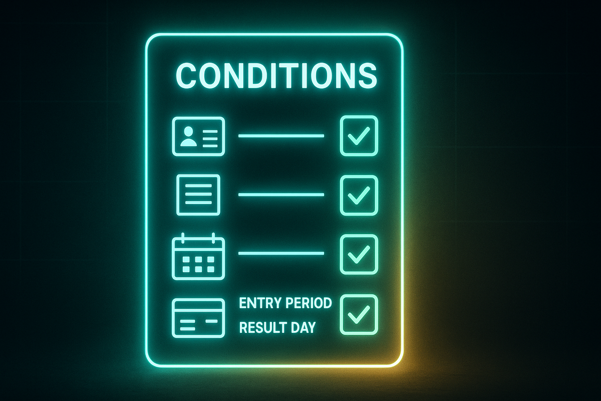 Neon checklist of entry requirements glowing in cyber green light—organized clarity, readiness excitement, and game-changing lottery energy