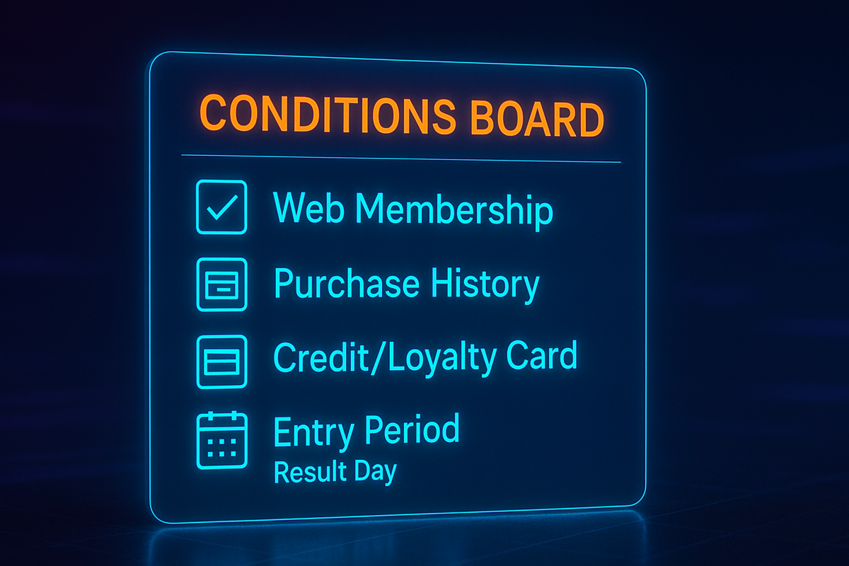 Digital neon conditions board with membership, purchase history, and loyalty perks—futuristic transparency, elite buyer status vibe, electric anticipation