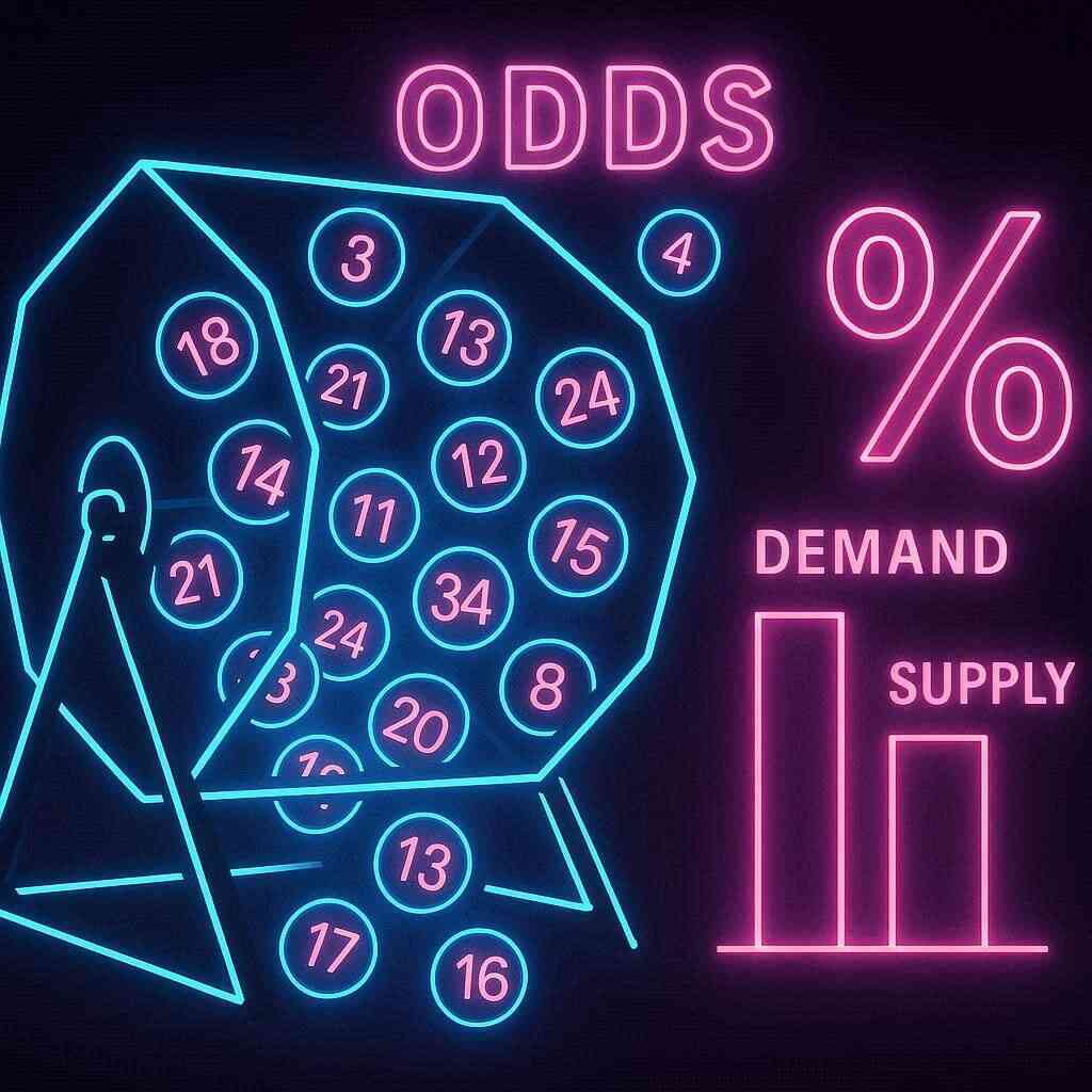 Lottery machine with neon numbers, demand vs supply chart, and bold odds symbols—thrilling scarcity tension, luck-driven energy, suspenseful lottery rush