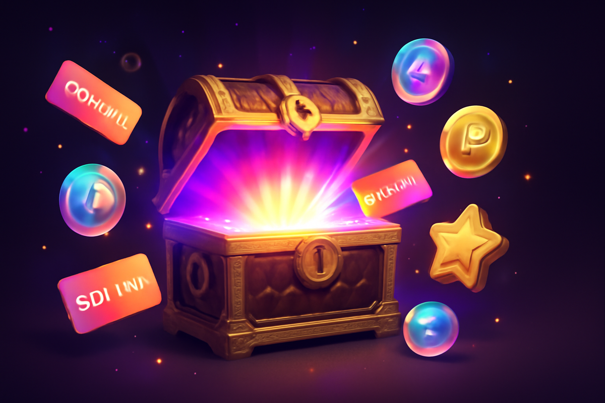 Treasure chest bursting with glowing coins, stars, and reward tokens—magical loyalty points energy, excitement-filled surprise, premium perks vibe