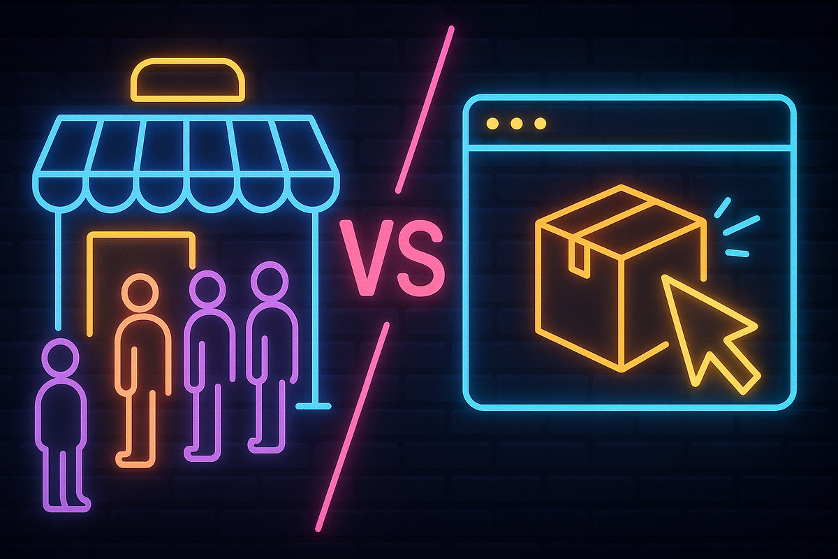 Neon storefront vs online delivery icons, glowing in cyberpunk colors—strategic shopping choices, fairness tension, and vibrant e-commerce energy