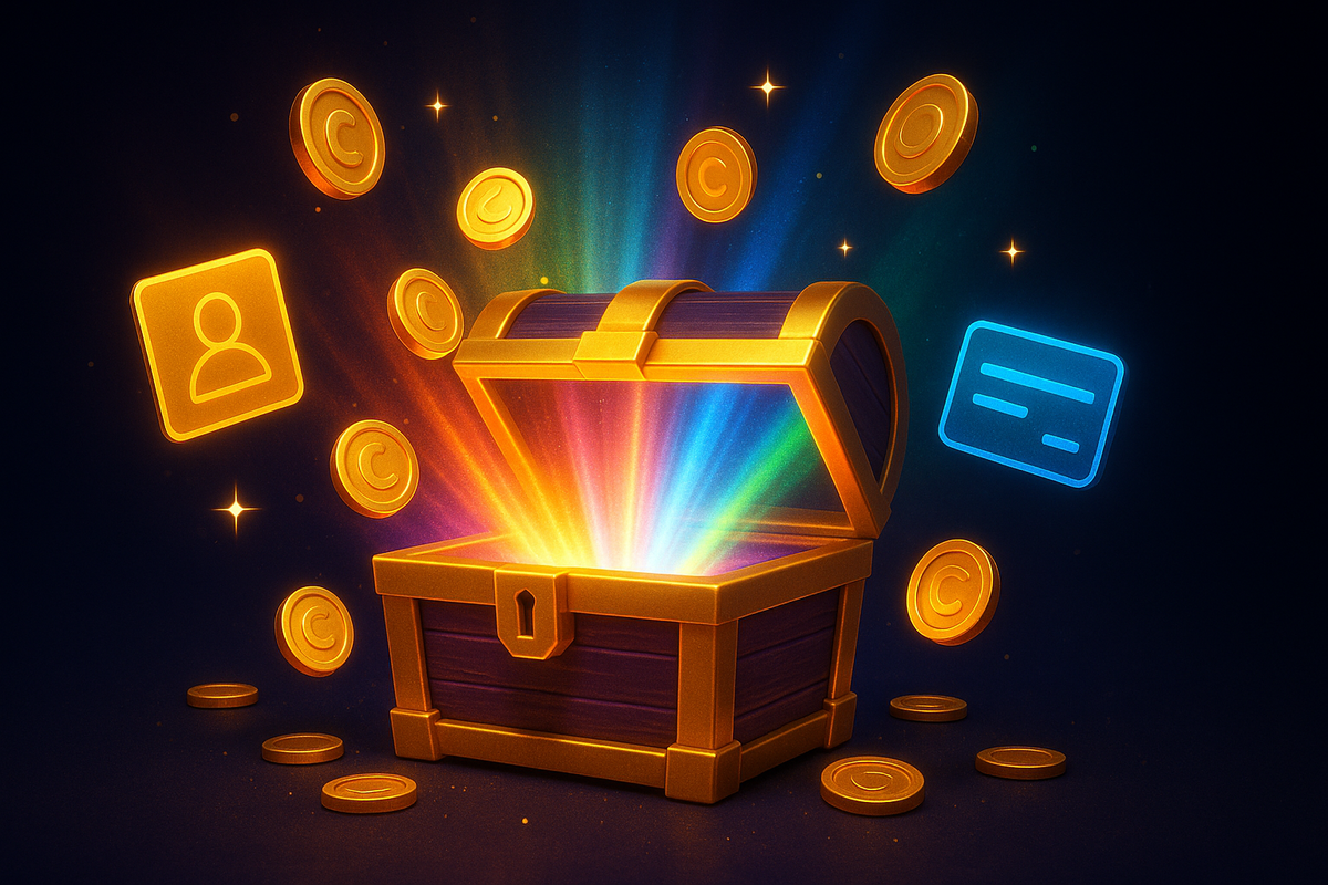 Treasure chest bursting with rainbow light, coins, and glowing cards—exclusive rewards, hidden perks, and membership benefits radiating excitement