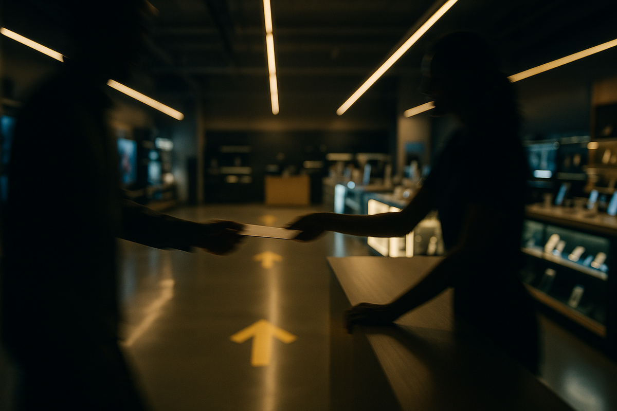 Service desk handoff in motion blur, floor arrows guiding forward—store preorder ticket exchange, step-by-step flow, time-attack vibe, decisive action under pressure