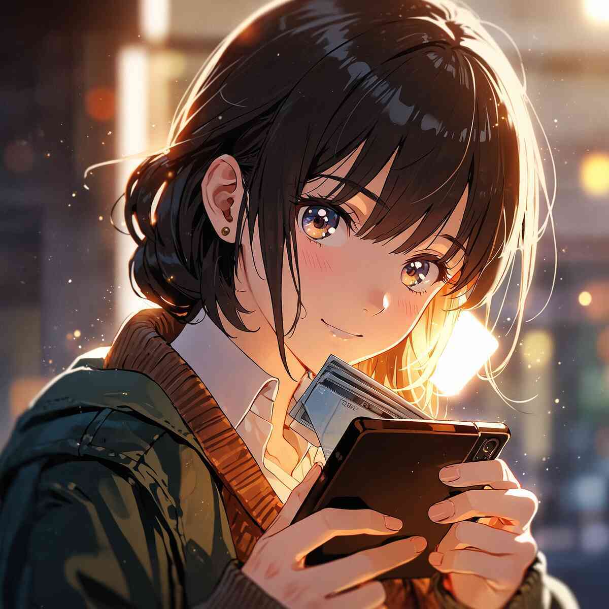 Anime-style girl beaming with wallet and smartphone—loyalty points sparkle, payment ready, warm bokeh—soft joy, hopeful glow, tiny victory before checkout