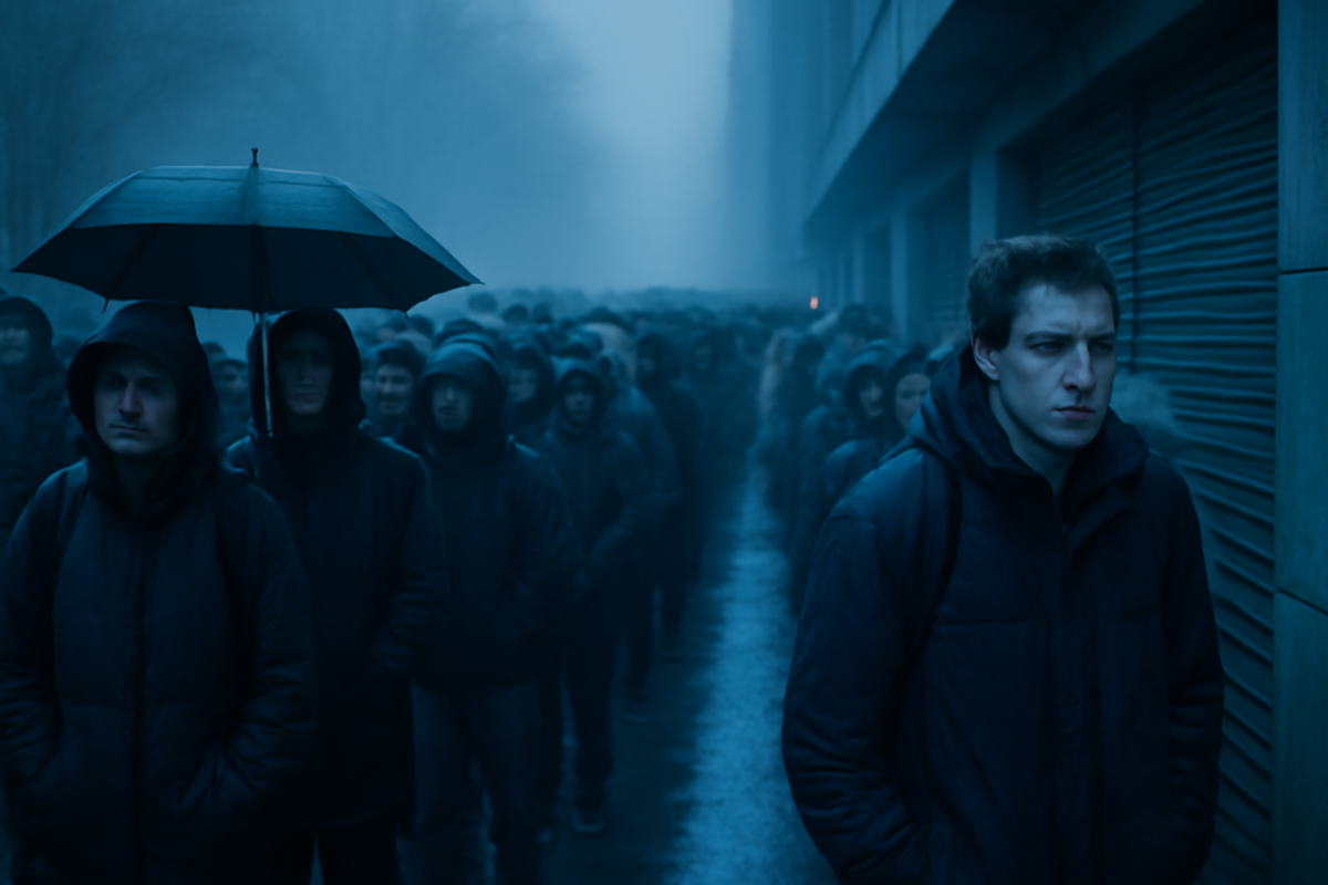 Cold blue dawn queue snaking along shutters, hooded crowd with one umbrella—massive line, breath in the air, anxious waiting, scarcity fear and resolve