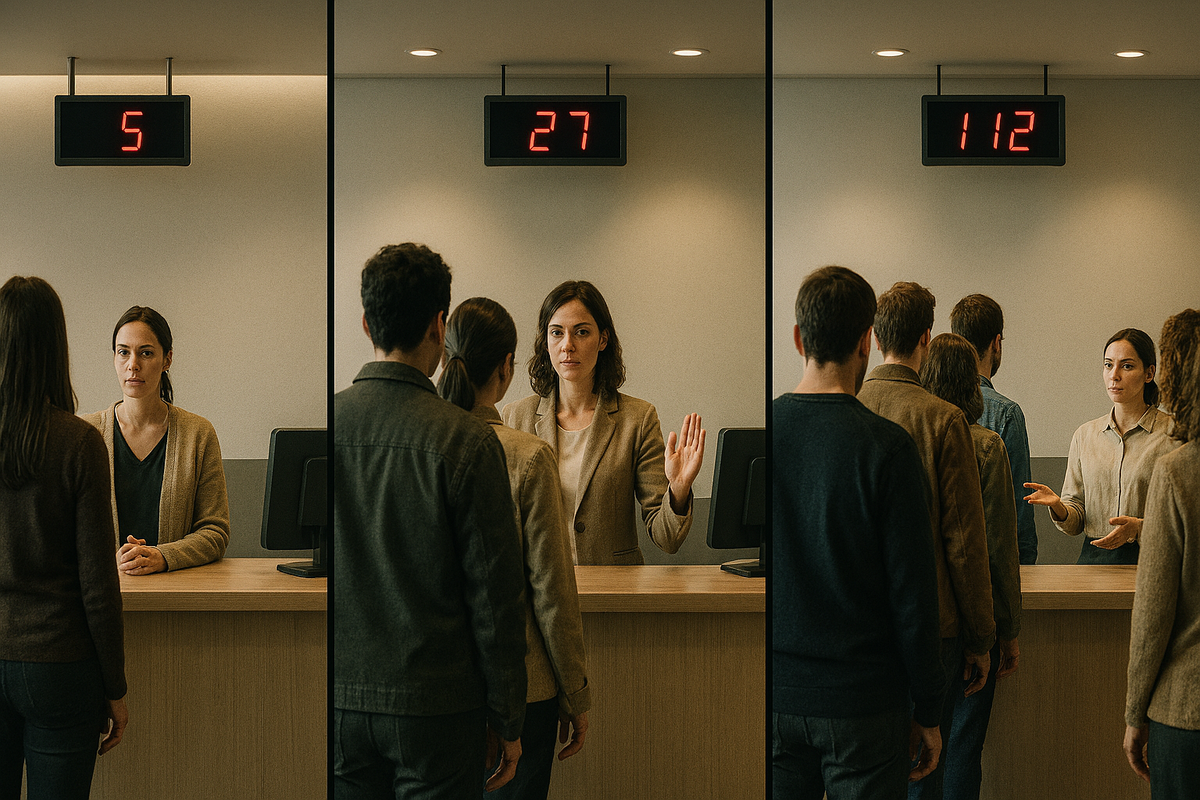 Clean triptych of service counters with red queue numbers—side-by-side wait-time comparison, staff gestures, rule differences—calm analysis, strategic decision energy