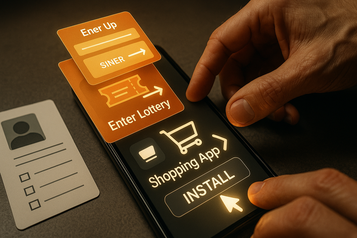 Hands installing a shopping app and tapping Enter Lottery beside a plain ID card—Furuhon Ichiba (Furuichi) member sign-up to entry in one flow, hopeful glow, easy step-by-step vibe