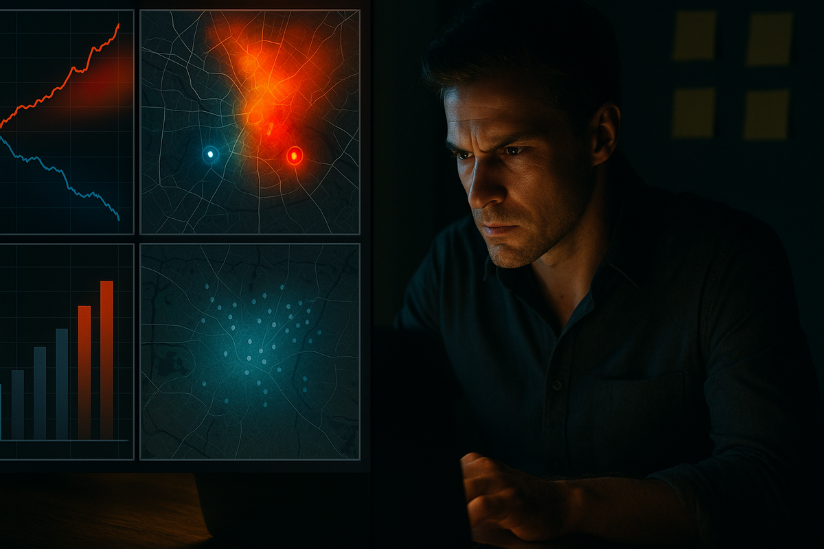 Nighttime data war room: heatmaps and charts flare on screen—VIP vs general odds, regional hotspots, data-driven strategy, gritty focus to boost lottery win rate