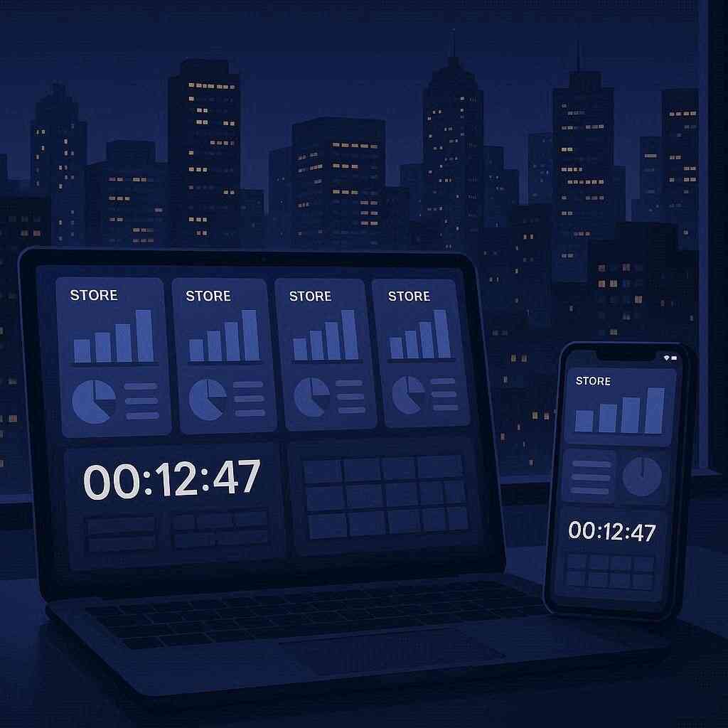 Laptop and phone dashboards with multiple STORE panels and synced countdowns—parallel entries across retailers, calm strategic focus, schedule mastery, chance-maximizing rhythm