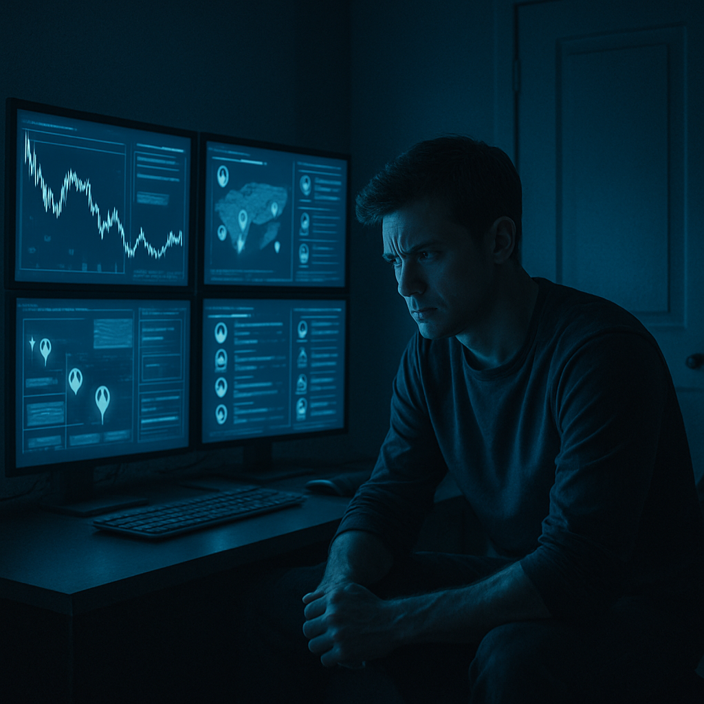 Deep-blue command center with four monitors—real-time stock alerts, map pins, social listening—late-night vigilance for restocks and guerrilla drops, determined resolve