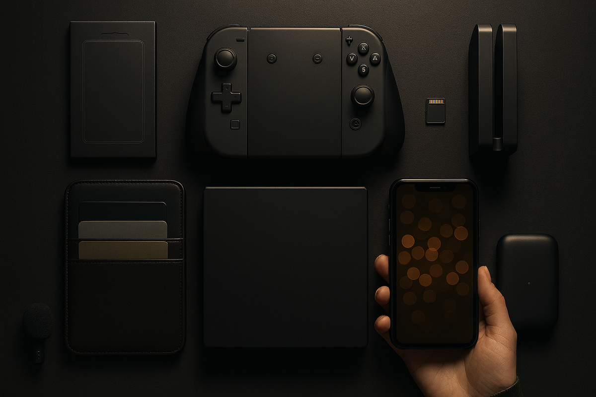 Premium flat-lay of console silhouette and essential accessories—screen protector, case, pro-style controller, dock, memory card, mic, capture device—warm upgrade joy, ready-to-play confidence