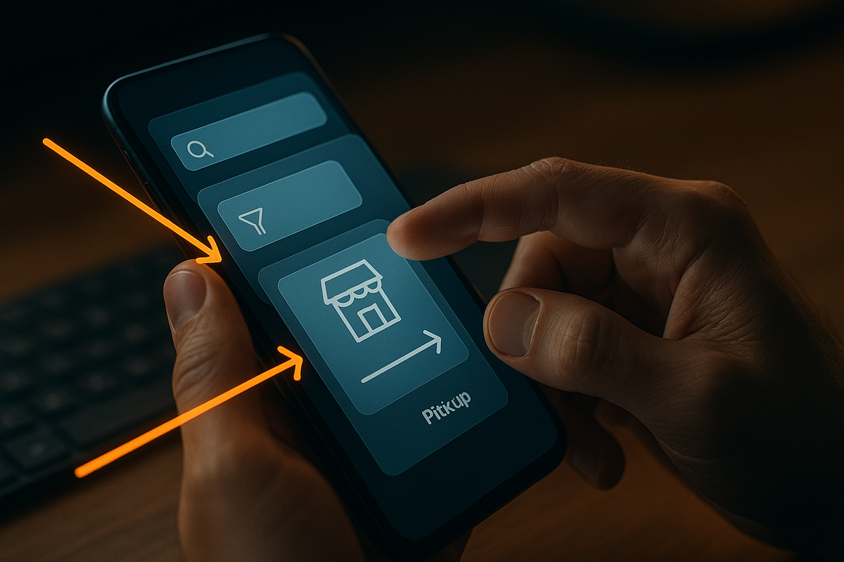 Hands navigating a smartphone with layered UI cards—Search → Filter → Store Pickup—step-by-step stock check for iPhone/Android, guided arrows, tactile control, focused confidence