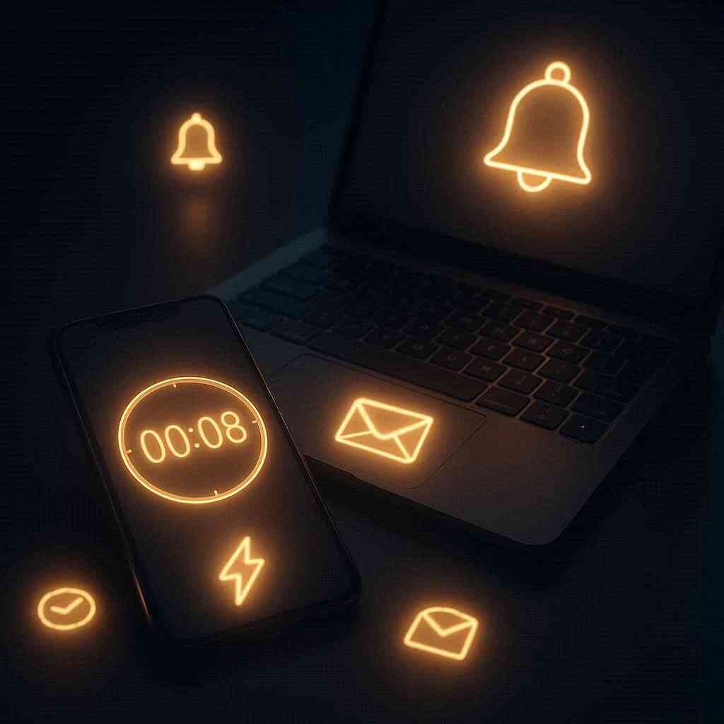 Phone and laptop in the dark pulsing with bell and envelope icons, timer at 00:08—restock alerts on app vs email, lightning-fast action before sellout, thrilling urgency