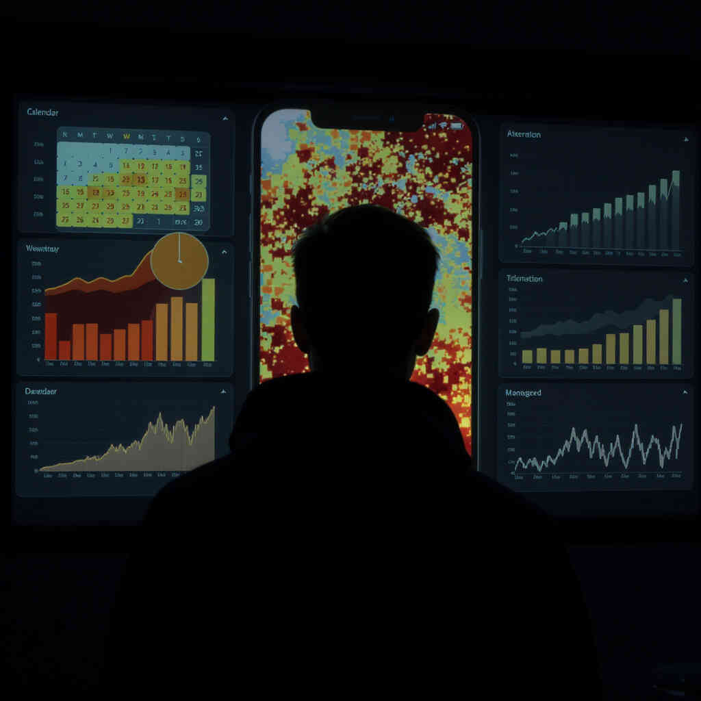 Analyst silhouette facing dashboards—calendar heatmap, rising bars, model trends around a phone—data-driven restock patterns, late-night focus, quiet determination and insight