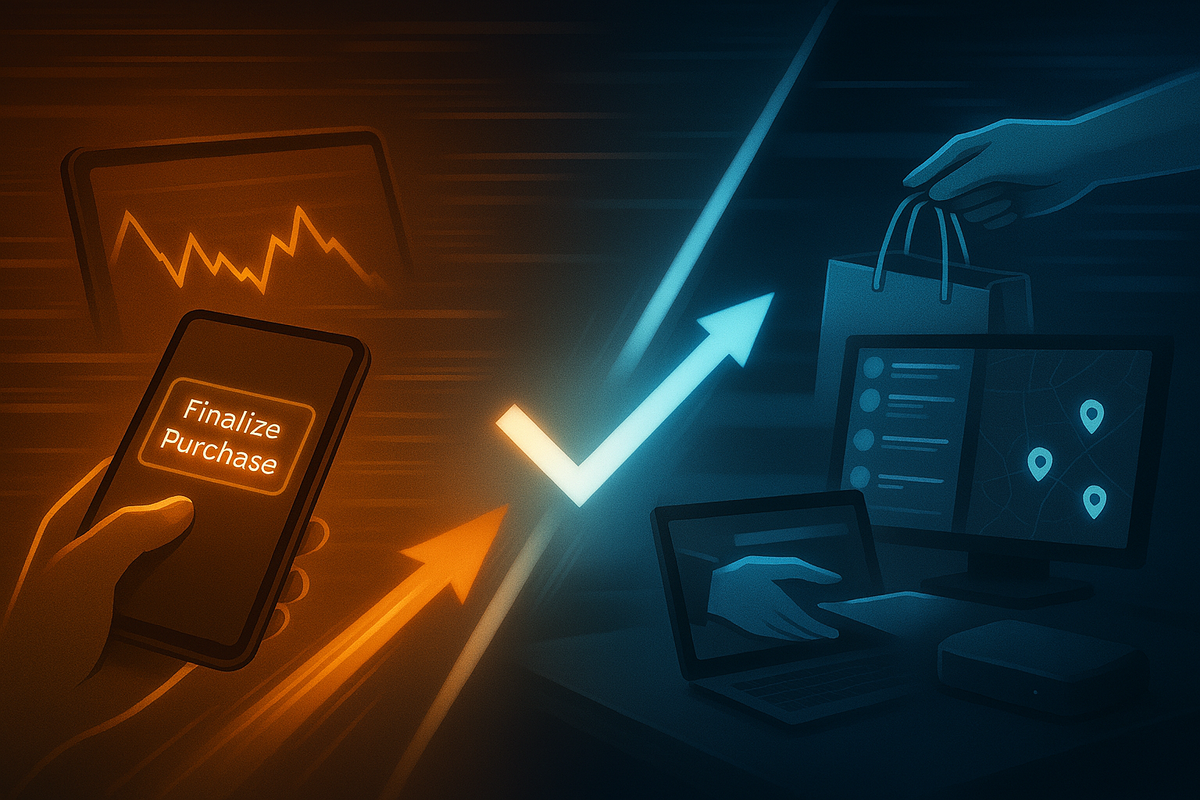 Split-screen race: online checkout vs in-store pickup with a bold checkmark—channel speed test, strategy to get the device fastest, decisive momentum and winning clarity