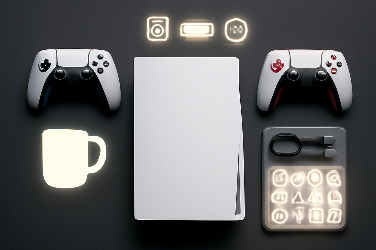 Premium flat-lay of next-gen console, twin controllers, accessory kit, and a glowing cup icon—Nojima Online Switch 2 Pokémon set specs plus exclusive melamine cup bonus, collector joy, ready-to-play excitement