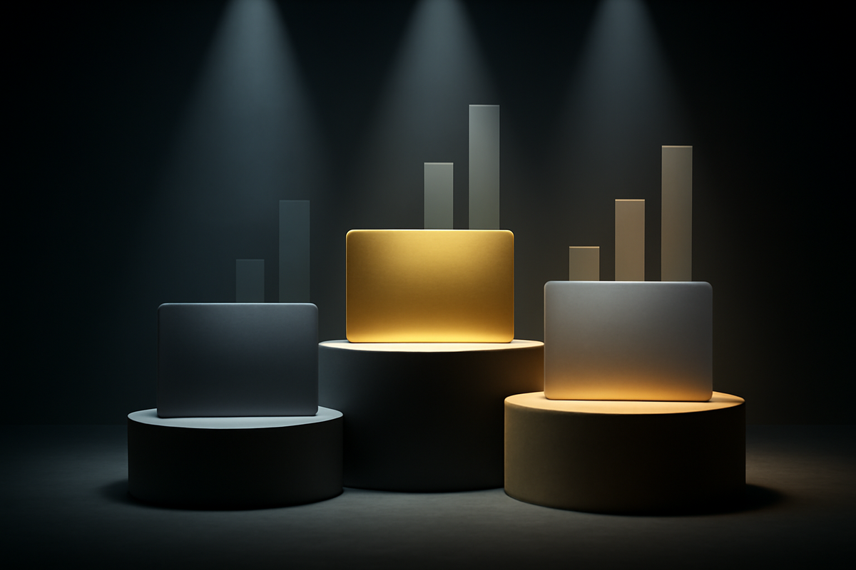 Spotlit podiums in silver, gold, and platinum—membership tier advantage for Nojima Online raffle, win-rate gap visualized, fair-but-fierce competition, aspirational glow