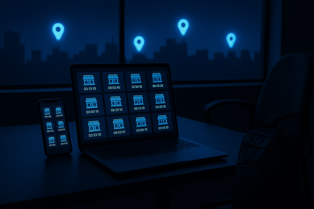 Night desk with laptop & phone grids of store tiles and synchronized countdown timers against city map pins—parallel entries and backup routes after a loss, relentless hustle, poised for the next drop