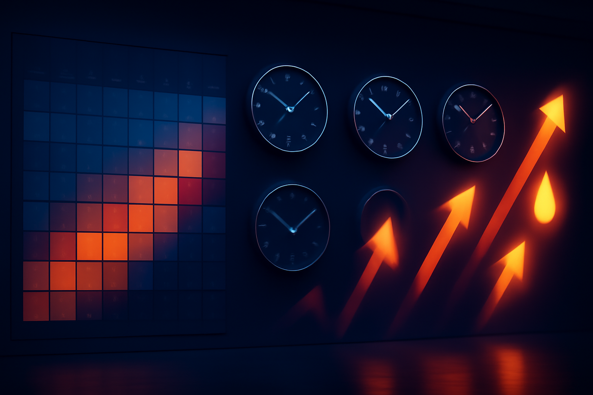 Dashboard of heatmap tiles and clocks with rising arrows—Nojima Online lottery schedule and sales timing forecast, data-driven insight, ticking-clock urgency, strategic calm