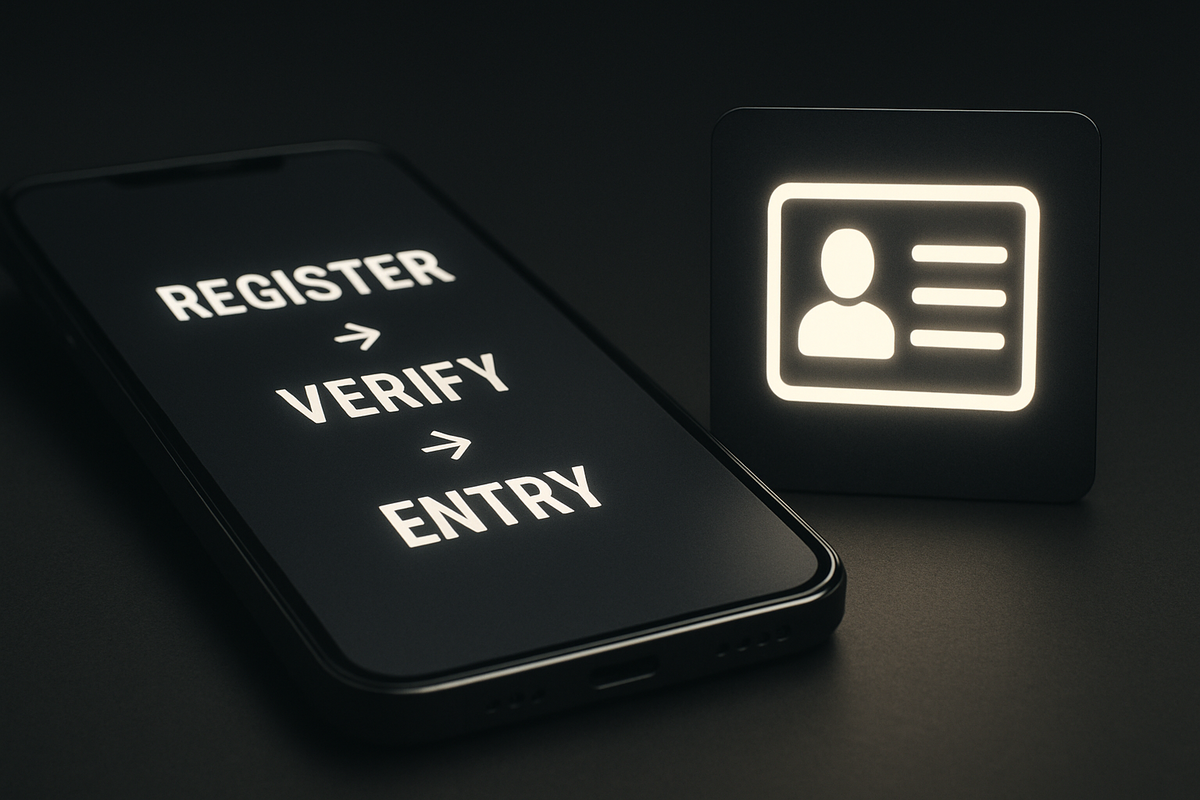 Phone screen “REGISTER → VERIFY → ENTRY” beside a glowing ID card—clean step-by-step signup, secure identity check, calm clarity for lottery entry