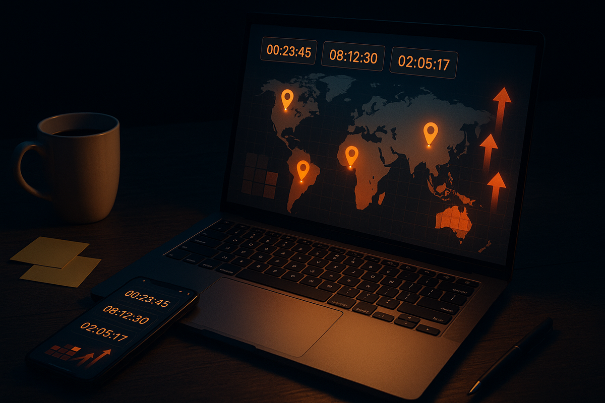 Night desk dashboard—world map pins, multiple countdown clocks on laptop and phone, rising arrows—global restock tracker, focused grind, hopeful momentum