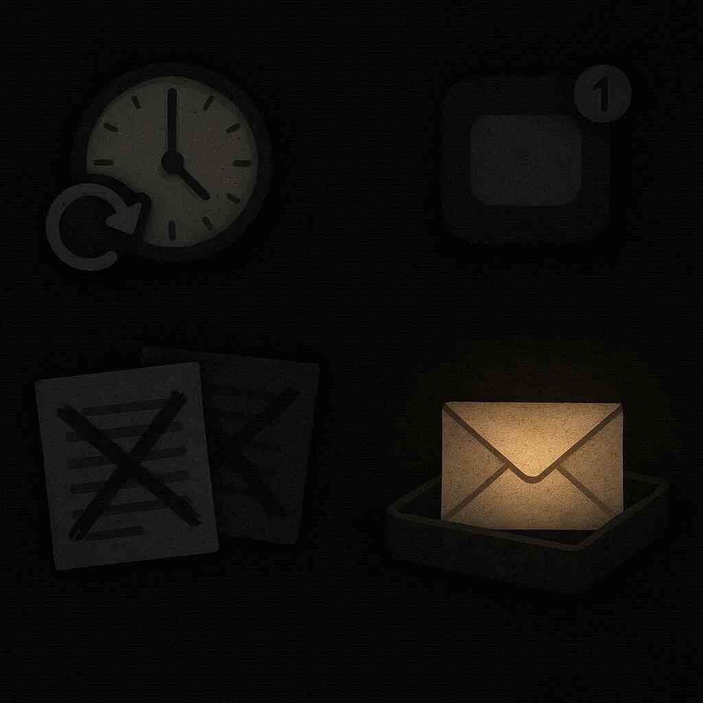 Minimal warning set—a refresh clock, app notification badge, crossed-out duplicate forms, glowing inbox—avoid pitfalls, stay alert, quiet urgency